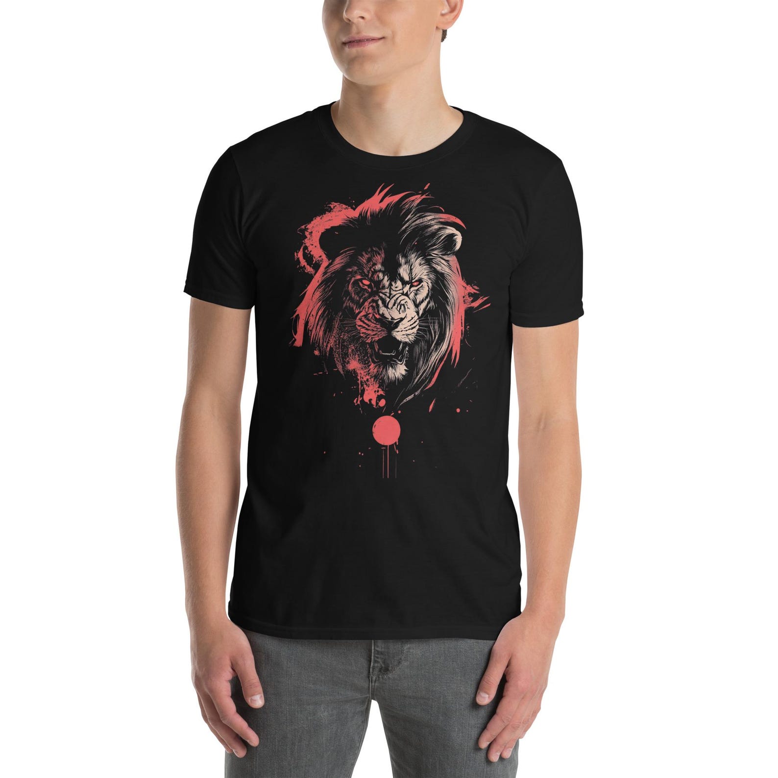Fierce Lion Graphic T-Shirt: Unisex Cotton Tee with Red Accents 2XL