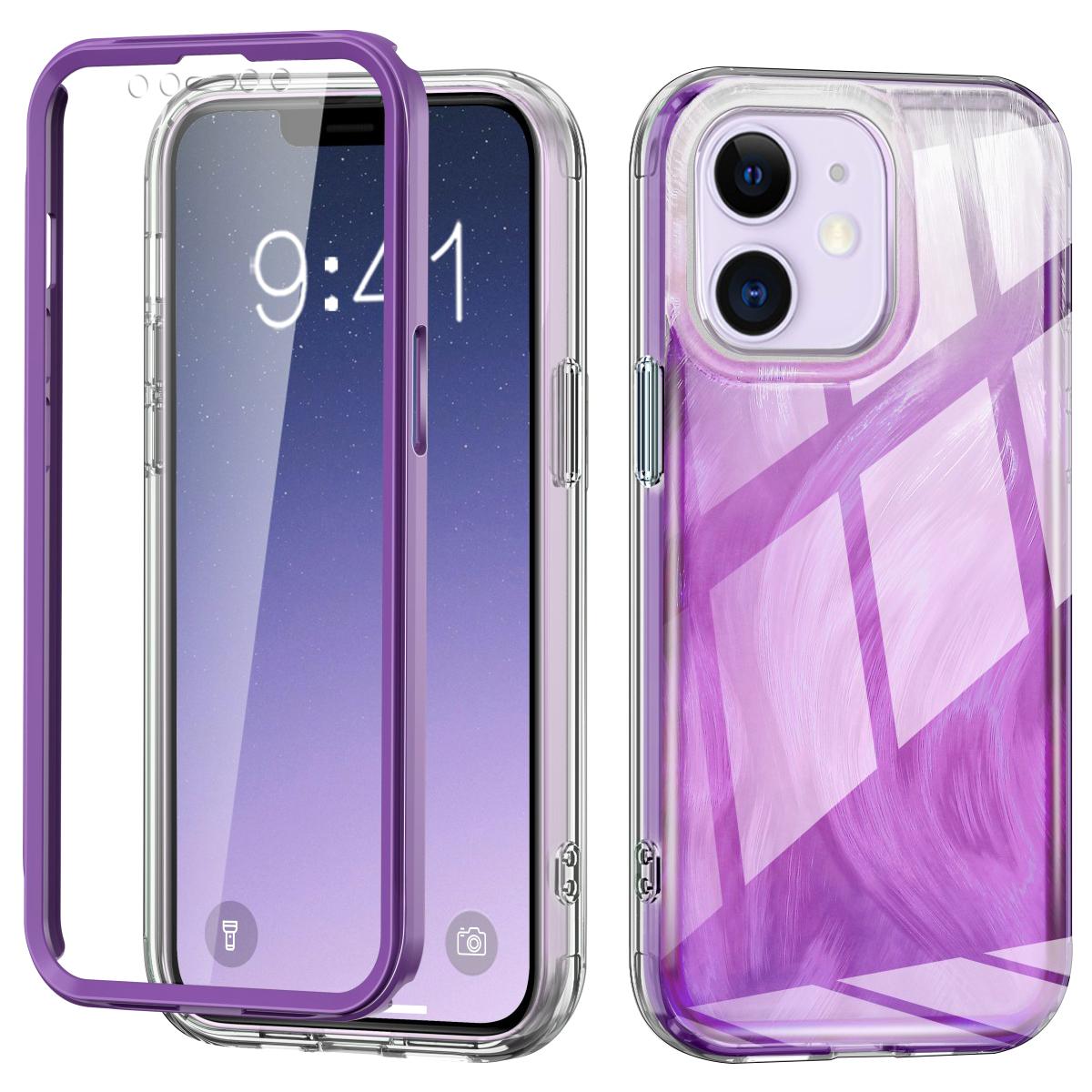 

For iPhone 11 Feather Pattern Case Gradient PC+TPU Protective Phone Cover with Screen Protector Purple