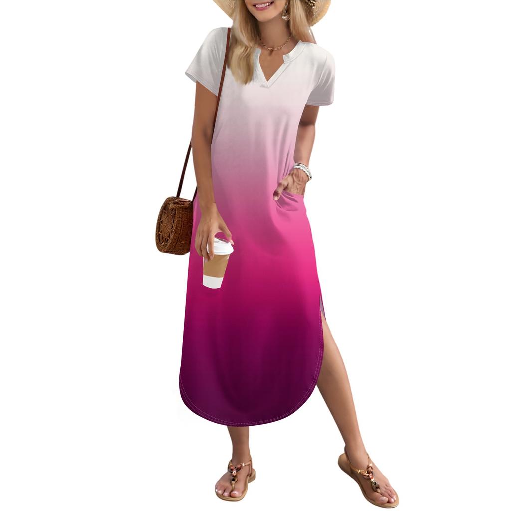 Women's Long Skirt Casual V-neck Long Shirt Dress Loose Slit Holiday Short Sleeve Dress