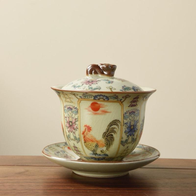 

180ml Ru Kiln Rooster Three Talents Rotating Bowl Household Tea Cup Opening and Hovering Kung Fu Bowl Lid Chinese Tea Set 180ml жёлтый