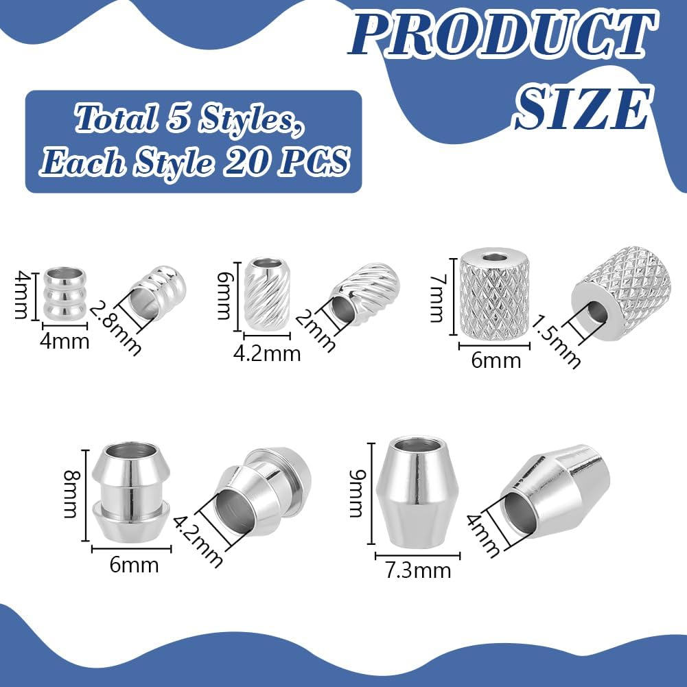 UNICRAFTALE 100Pcs 5 Styles Paracord Bead Grooved Column Beads Metal Lanyard Beads Column Spacer Beads Stainless Steel European Beads Bracelet Beads