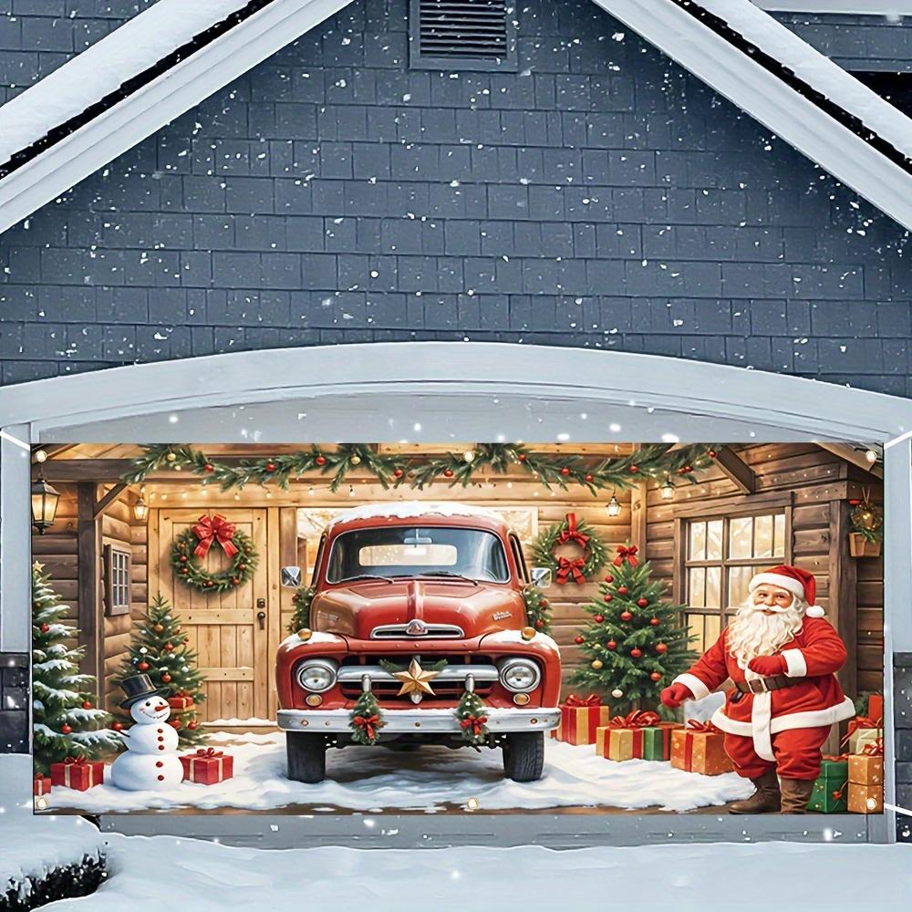 2D Door Banner, 1pc Large Christmas Garage Door Banner - Retro Red Pickup Truck and Santa Claus Holiday Decoration Snowman