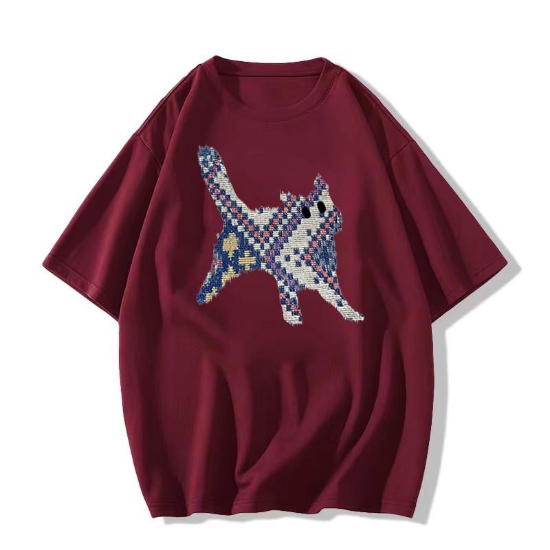 

2025 Женская футболка в американском стиле из чистого хлопка, свободного кроя с приспущенным плечом и коротким рукавом XL вино красного