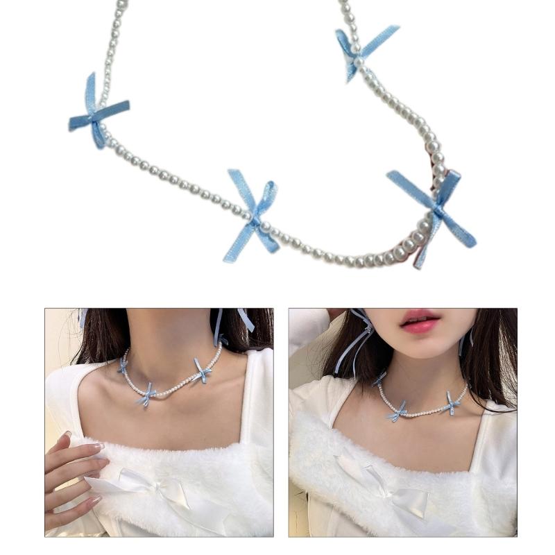 Fashionable Bowknot Pendant Necklace Handmade Pearls Beads Neckchain Bow Beaded Clavicle Chain for Women Girls Choker