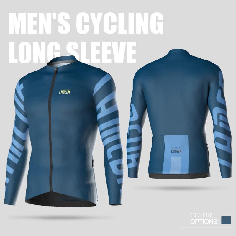 Mens Cycling Jersey Long Sleeve Breathable Performance Bike Shirt Striped Design Ocean Blue Electric