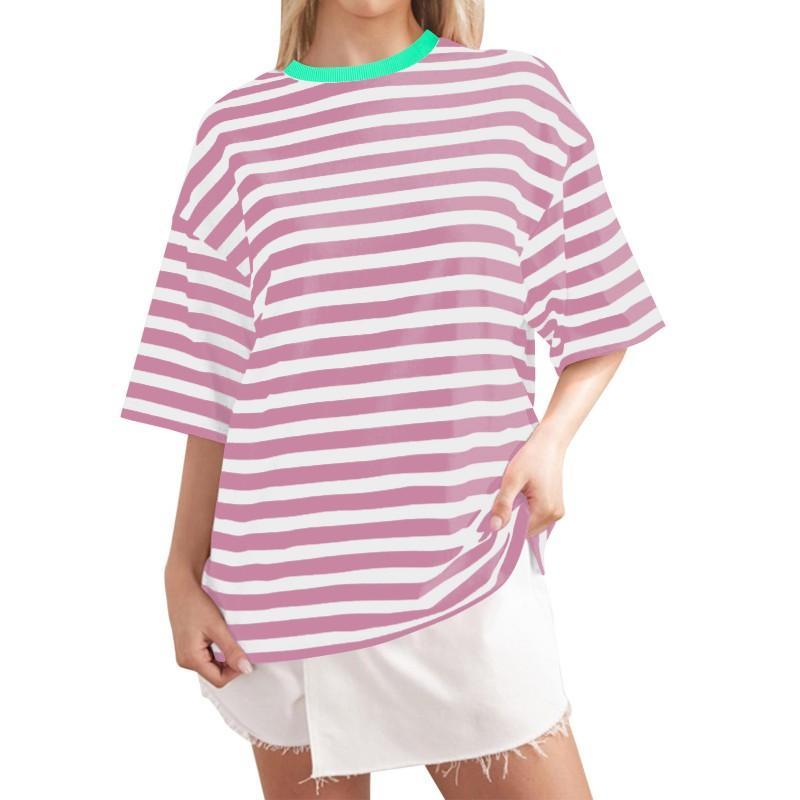 Casual Striped Round Neck Short Sleeve T-Shirt Women Men Comfortable Milk Silk Blend Loose Fit Home Wear