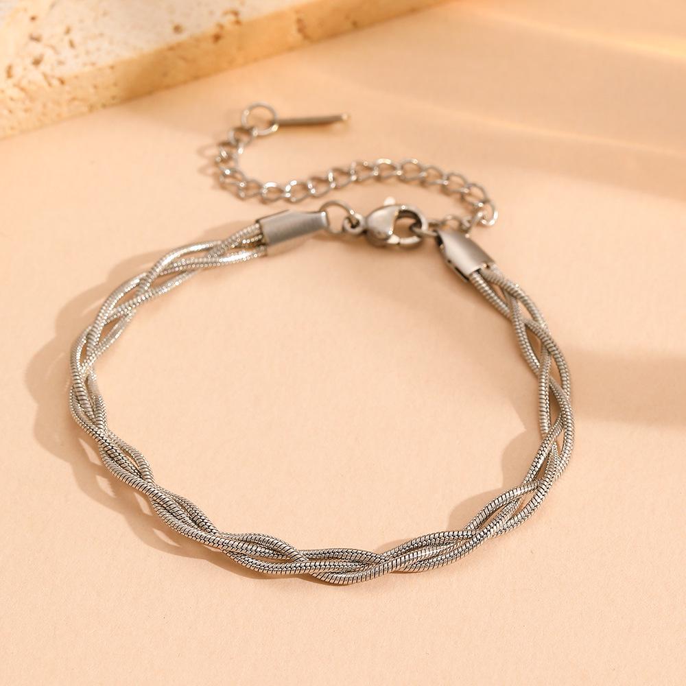 Round Snake Three-Strand Braided Color-Block Stainless Steel Jewelry Set for Women - Non-Fading, Light Luxury, European  American Style
