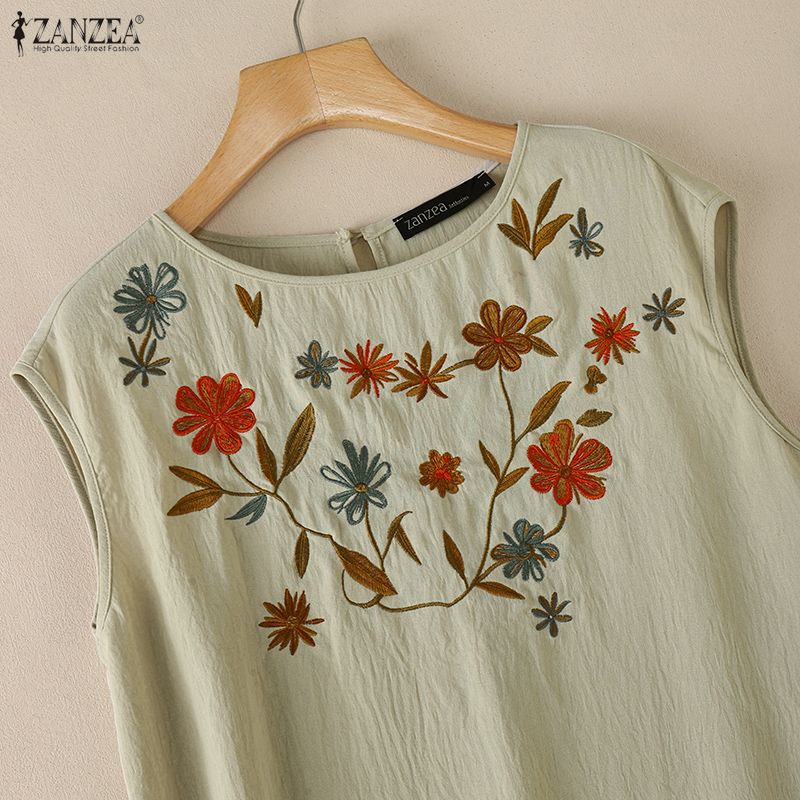 ZANZEA Women Casual Round Neck Floral Print Loose Sleeveless Tank Tops