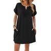 Women Casual V Neck Short Sleeve Dress with Lace Trim Raglan Sleeves and Pockets Loose Fit Tunic Dress for Daily Wear