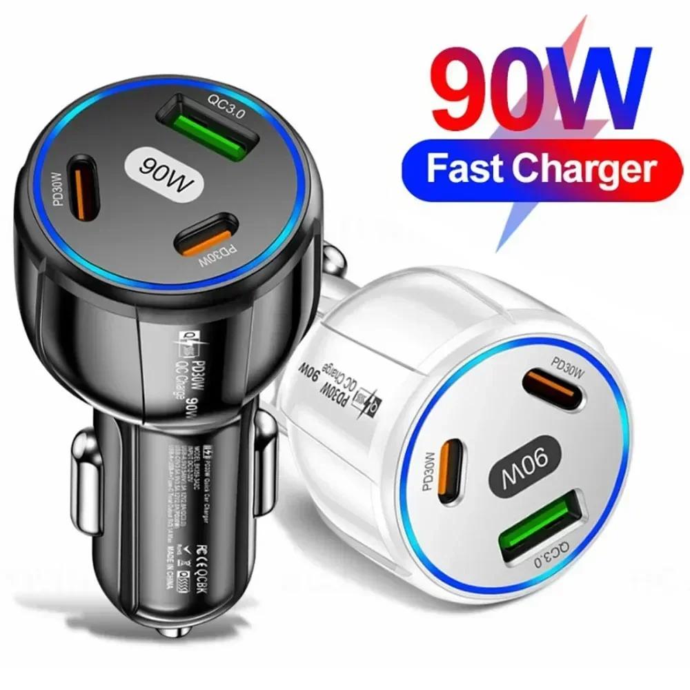 90W Schnellladegerät 3 Ports PD USB Autolade Handy Typ-C Adapter Schnellladegerät im Auto für iPhone 14 15 Pro/Max Samsung