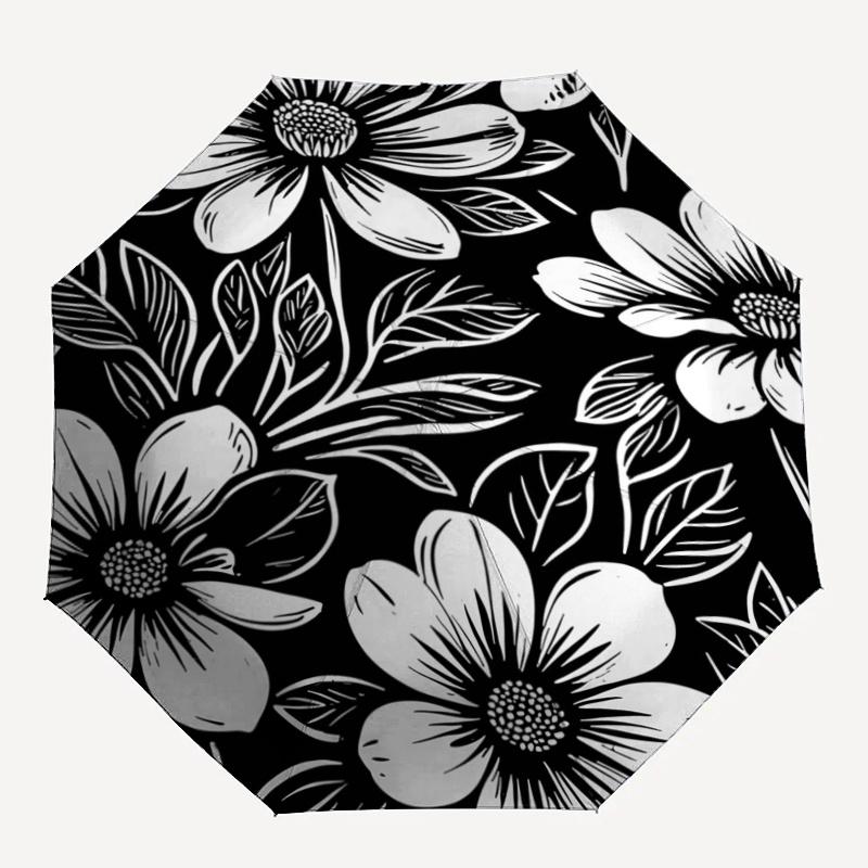 1pc Black and White Floral Pattern Pattern Automatic Umbrella Is Fashionable and Good-Looking, a Portable 3-Fold Umbrella, Suitable for Travel and Dai