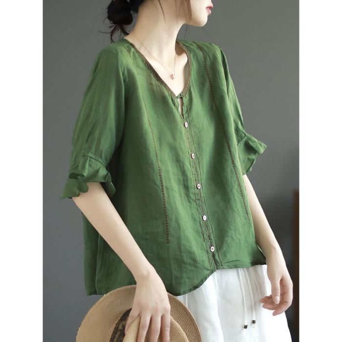 Cotton Linen Women's Blouses Chinese Style Shirts Loose Summer O-Neck Vintage Clothing Solid Short Sleeve Women Tops
