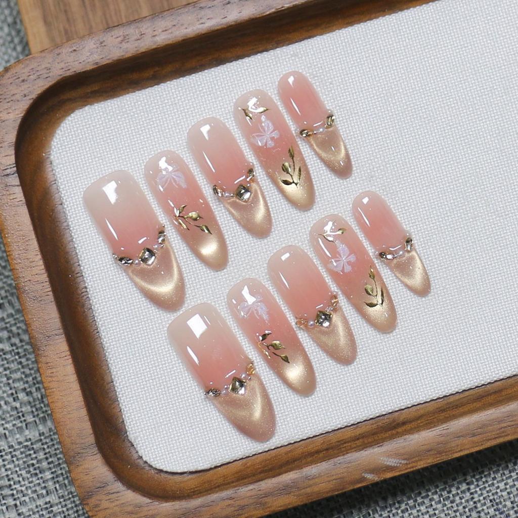 Golden Wind Jade Dew Handmade Autumn/Winter Cat Eye Nail Stickers - Elegant French Style False Nails