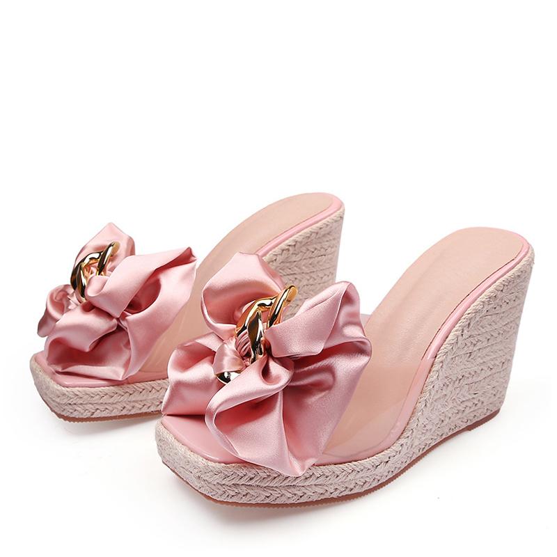 Fashion Liyke New Wedges Slippers For Women 2025 Summer Fashion Pink Butterfly-knot Designer Sandals Platform Heels Size 46 Female Shoes