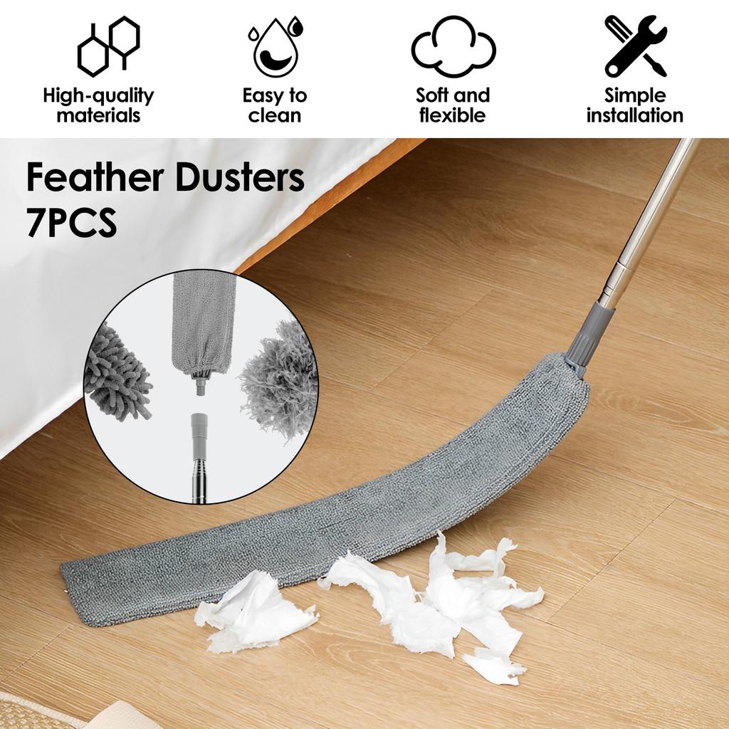 Long Handle Microfiber Duster Extendable Feather Duster Cleaning Kit with 30'' to 100'' Pole Reusable Bendable Washable