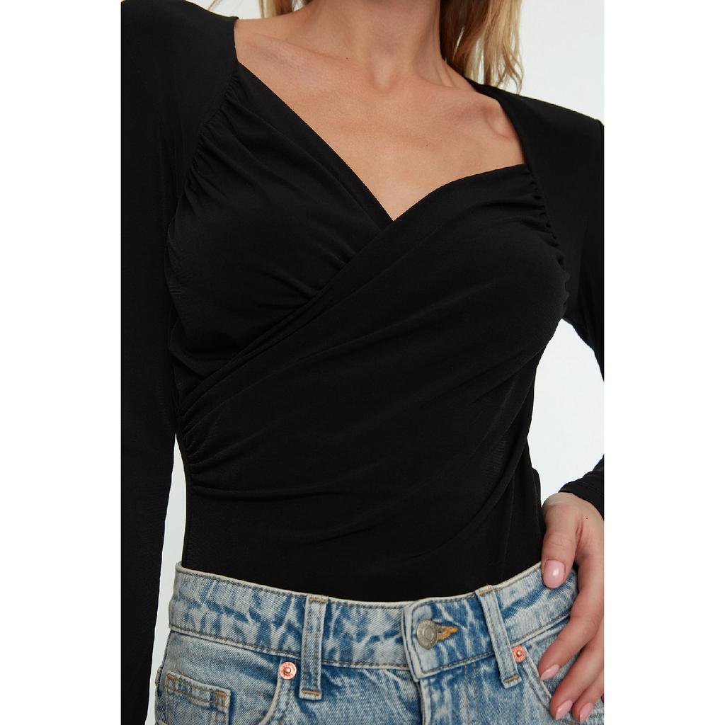 Schwarzer, wattierter, drapierter, eng anliegender Strickbody mit flexiblem Druckknopfverschluss Twoaw22bd0156