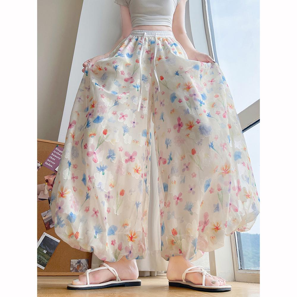 

Летние цветочные брюки палаццо женские с высокой посадкой, свободные с принтом, широкие брюки, драпирующиеся, удобные XS