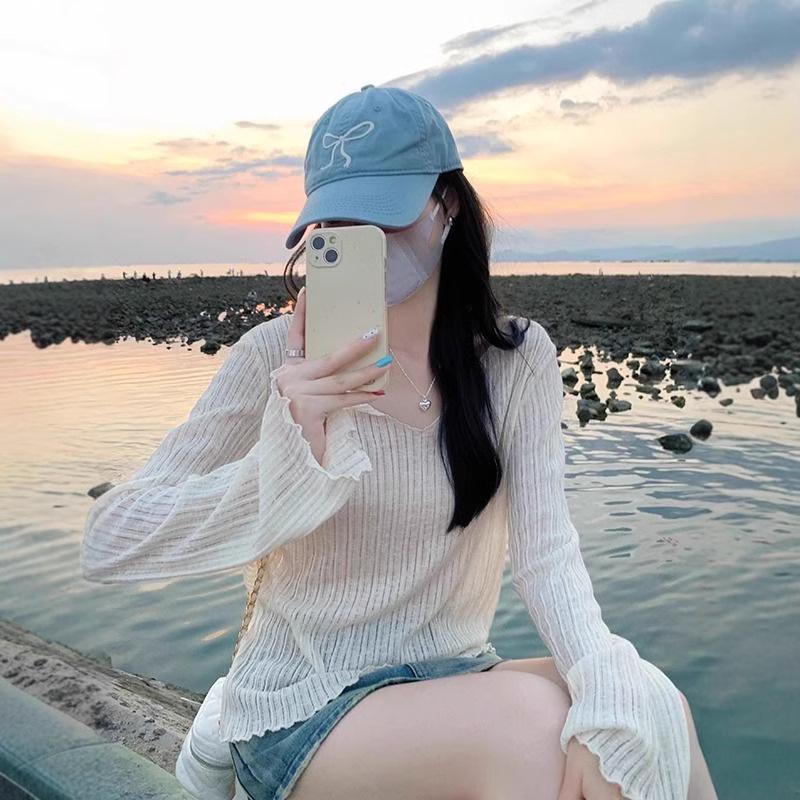 Sheer V-Neck Ruffle Trim Cardigan: Slimming Long Sleeve Sun Protection Top for Women