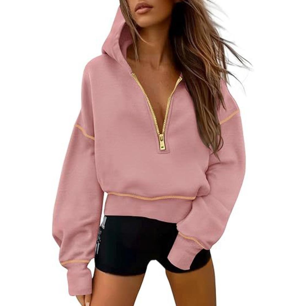 Women s Hood Neck Long Sleeve Half Zip Cropped Hoodie Loose Fit Casual Sweatshirt S розовый
