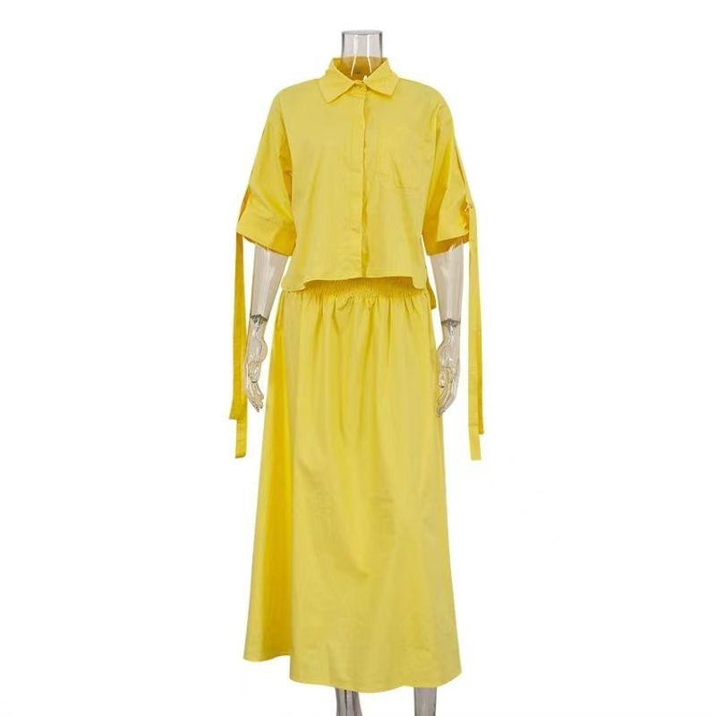 

Western Style Yellow Lapel Shirts Skirt sets Solid Color Shirt and Shirt Set Yellow S