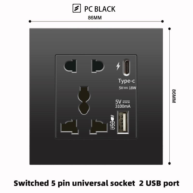 British 13A Socket with USB-C Fast Charging, Hong Kong & Macau Version, Black 3-Hole Square Pin 86 Panel