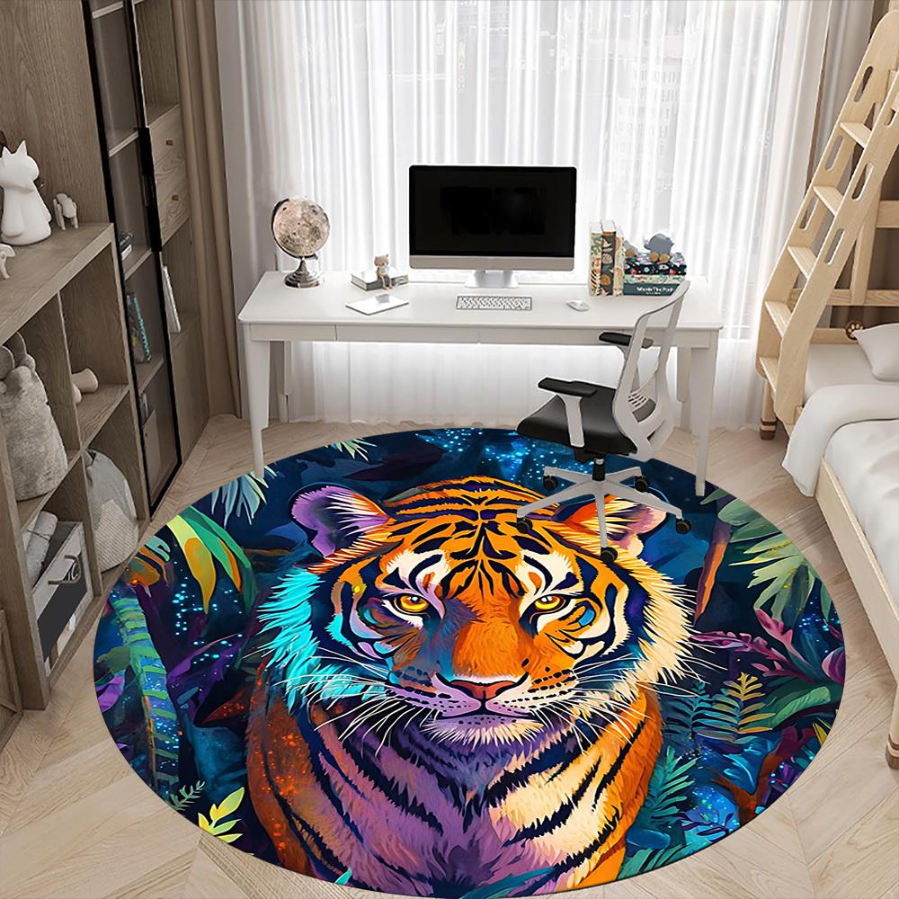 1PC Tiger Jungle Office Round Area Rug, Mat Suitable ForOffice, Under Office Chairs Bedroom Living Room Home Decor, Room Deco