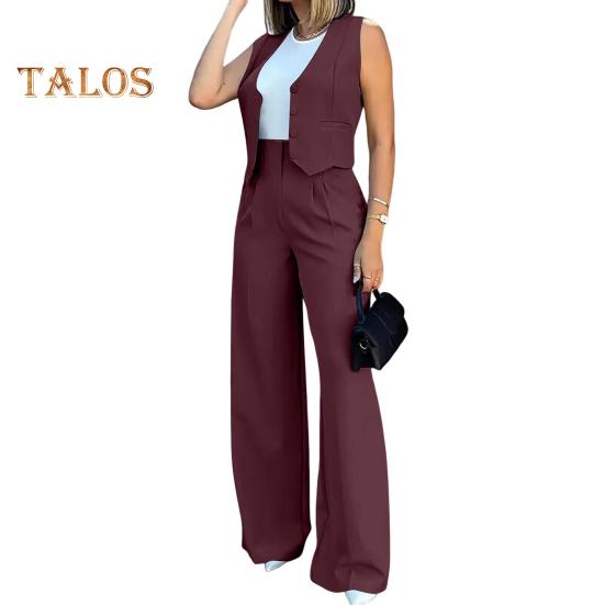 Dámské tílkové soupravy Kancelářské dámské společenské šaty dvoudílné sako bez rukávů vesta se zapínáním na knoflíky vesta s širokými nohavicemi letní pracovní oblečení