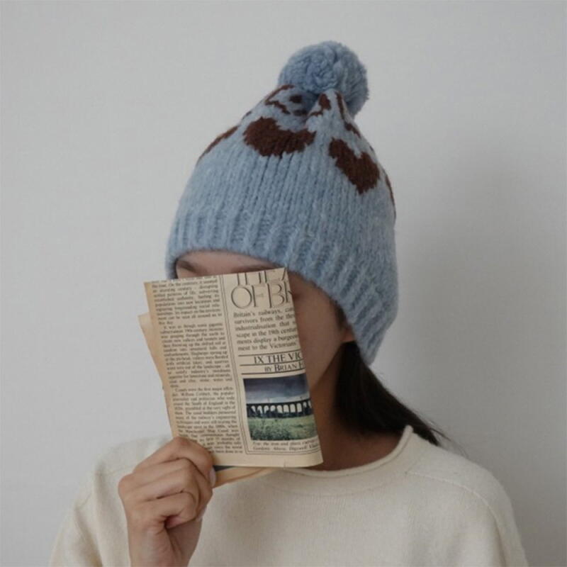 Women's Cute Fur Pom Pom Embossed Heart Beanie