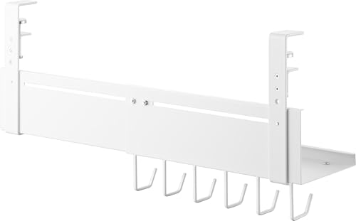 Yamazaki Smart Extendable Under-Desk Cable Tray, White, W37-60 x D13.5 x H26.3cm, with Hooks, Floating Storage for Cables and Routers, Product Number