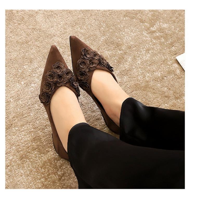 Women's Pointed Toe Suede Flats with 3D Floral Decor Slip-on Elegant Casual Shoes