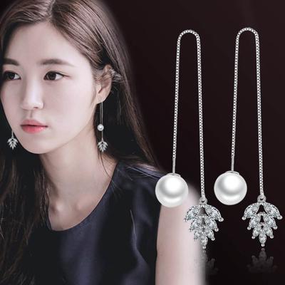 Frauen Korean Fashion Elegante Einfache Anti-allergie Zirkon Kristall Perle Baumeln Lange Quaste Blatt Box Kette Ohr Linie Stud ohrringe Schmuck Geschenk