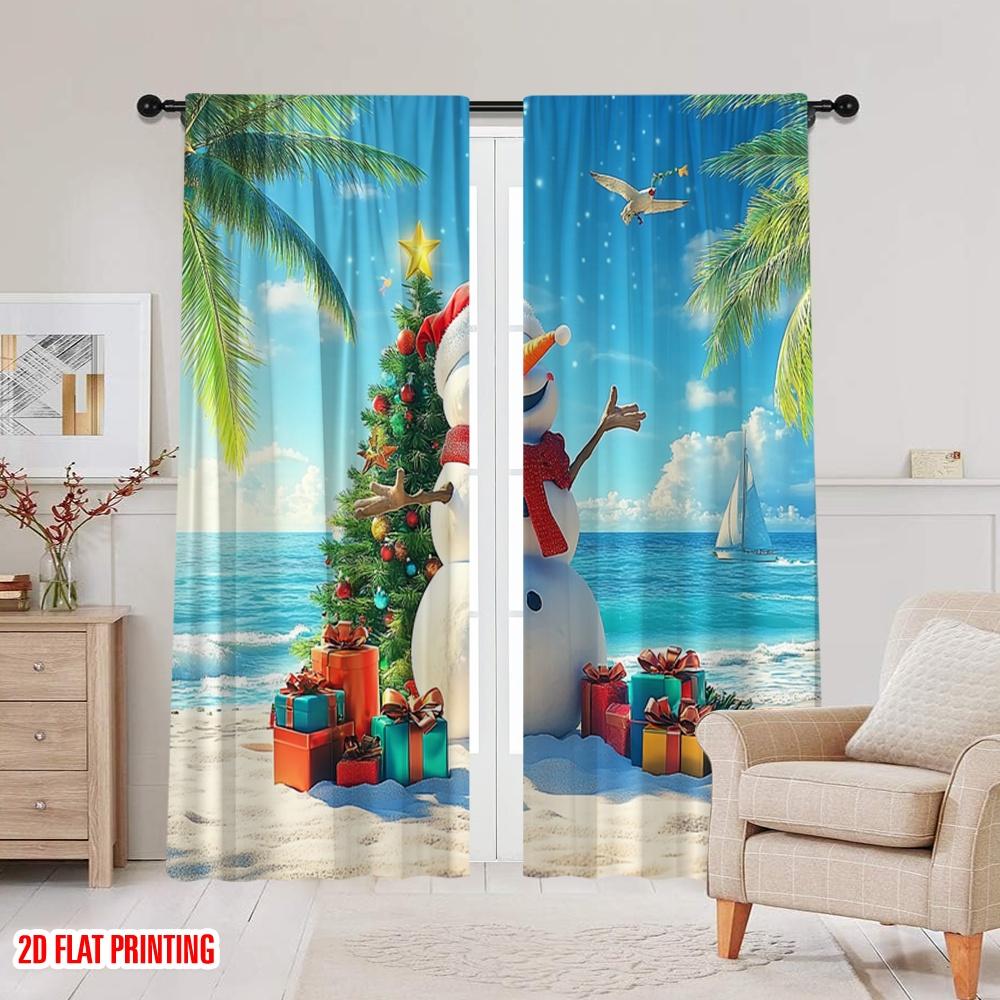 2pcs,2D Plane Printing Curtains Christmas Snowman Beach 100% Polyester (without Rod) Outdoor Decorations for Bedroom, Office,
