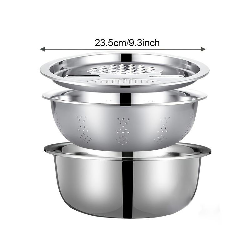 

3pcs Stainless Steel Kitchen Tool Set, with Integrated Grinder Filter & Mixing Bowl, for Slicing Draining Fruits Vegetables