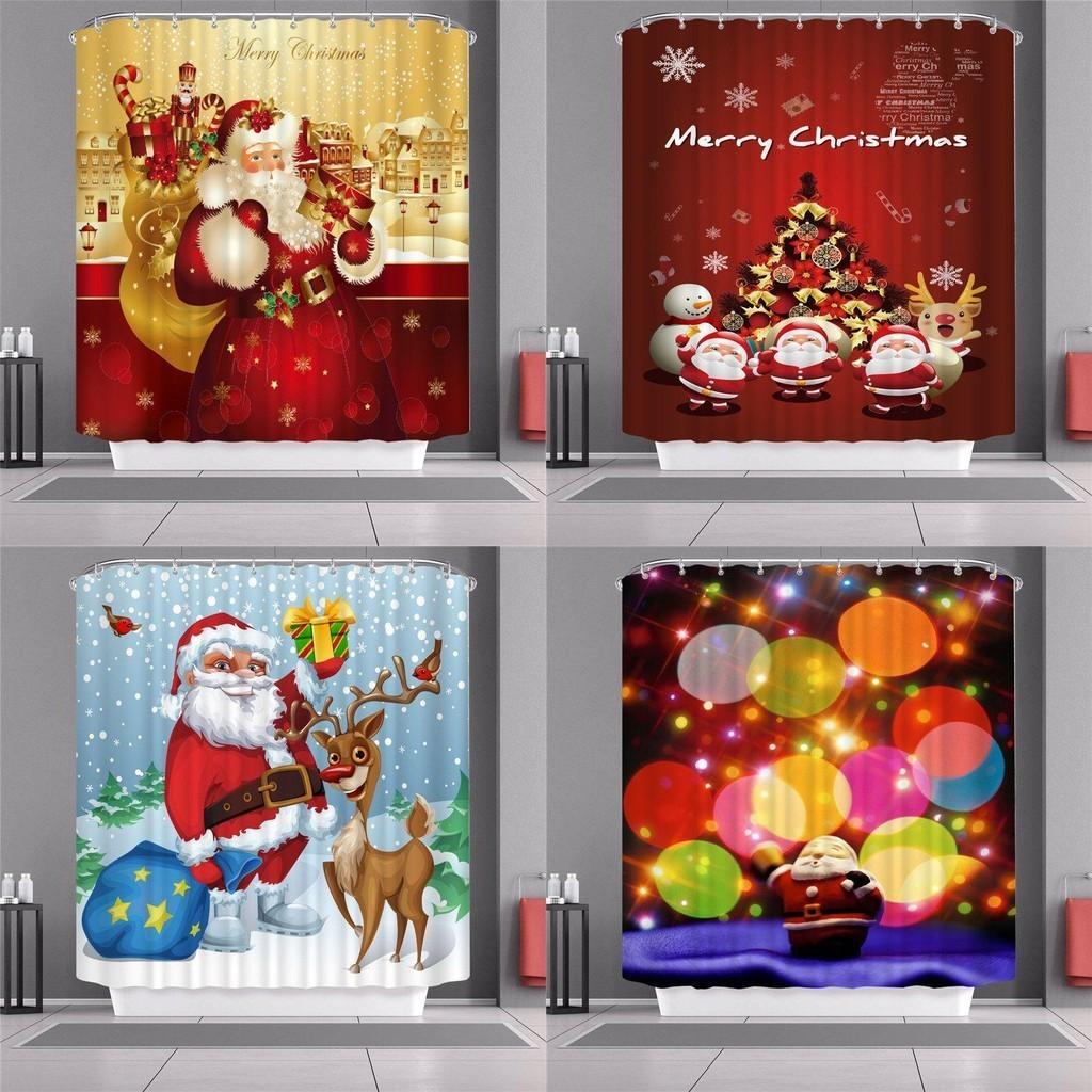 Vibrant Christmas Shower Curtain With Hooks Santa Claus Waterproof Fabric