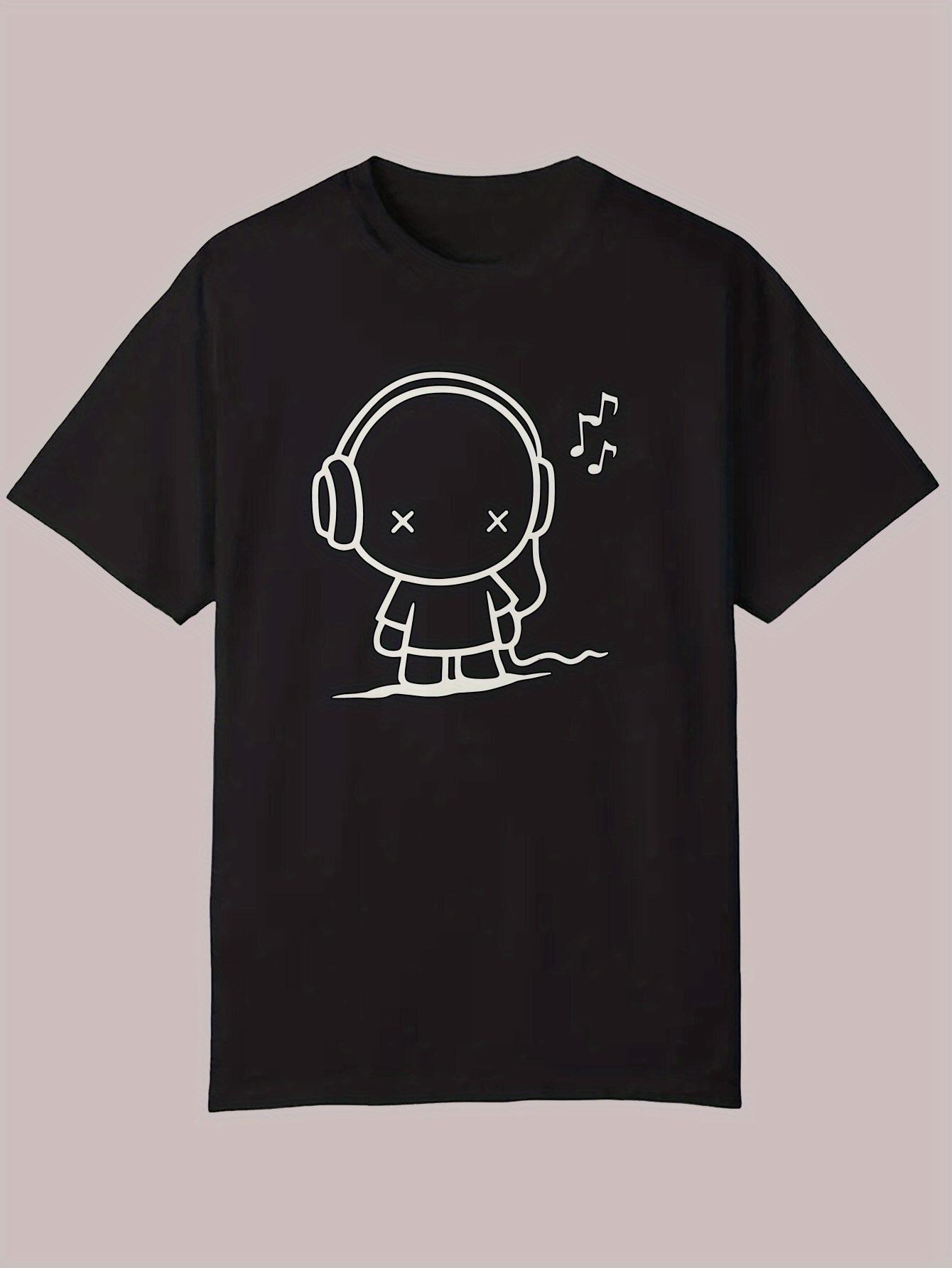 Summer Casual Graphic T-shirt - Black with White Playful Headphone Character Design M