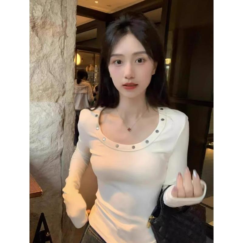 Temperament collar, rivet shirt, long-sleeved women's top, spring slim-fit Spice Girl style fashionable inner bottoming shirt