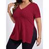 Summer Women's T-shirt Solid Colour Plus Size Women's Tops V-neck Pit Stripes Short-sleeved Open Sleeve Pullover T-shirt
