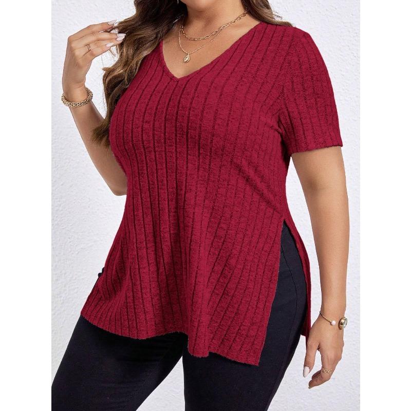 Summer Women's T-shirt Solid Colour Plus Size Women's Tops V-neck Pit Stripes Short-sleeved Open Sleeve Pullover T-shirt