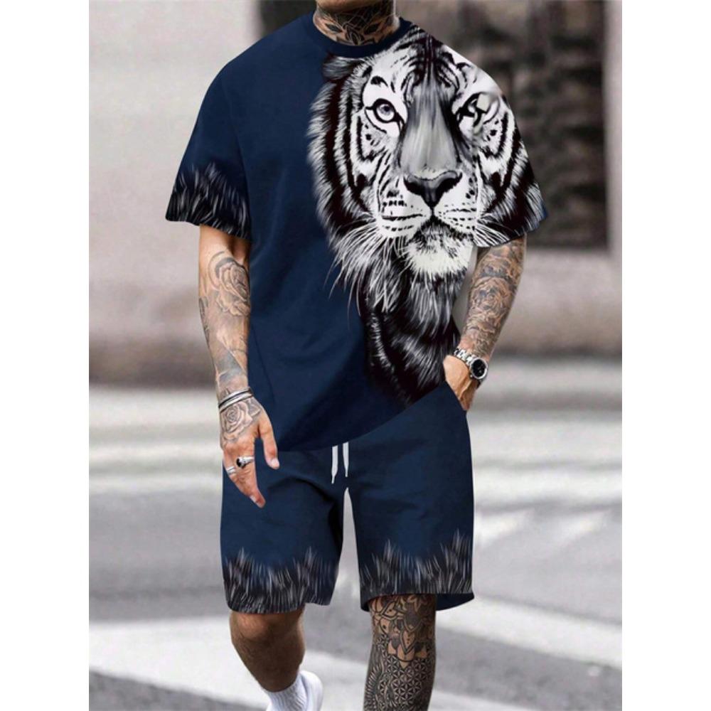 New Crew Neck Short Sleeve T-shirt Fashion Shorts Set 3D Lion Print Short Sleeve Shorts 2-piece Men's Summer Sports Set