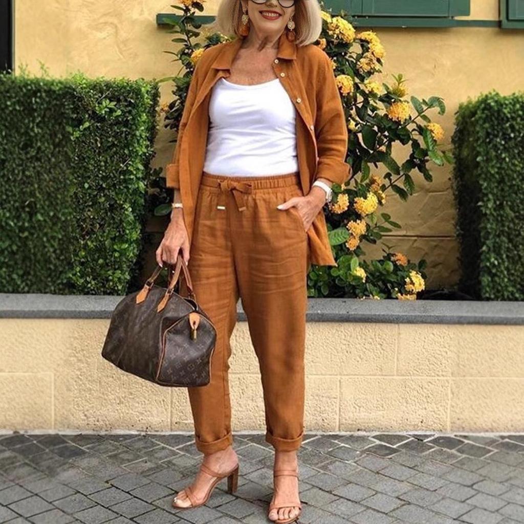 Retro Cropped Linen Harem Pants Set with Belt - Loose Fit, Solid Color