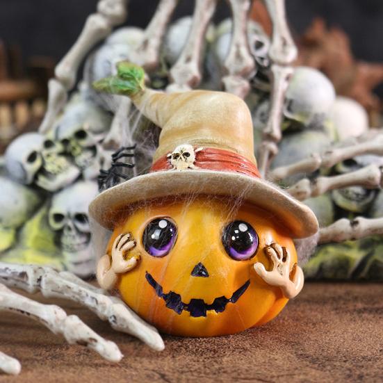 Halloween Pumpkin Ornament Spooky Resin Pumpkin Statue with Hat Spider Skull for Halloween Home Tabletop Decor