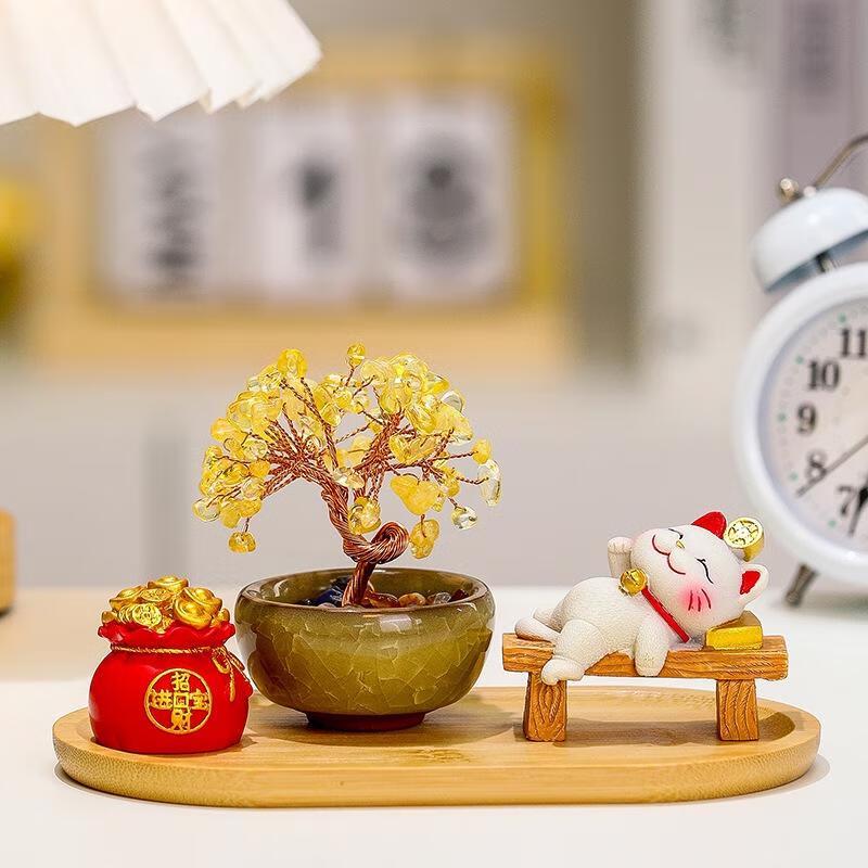 SEE KEAN Fortune Tree with Lucky Cat & Crystal Decor