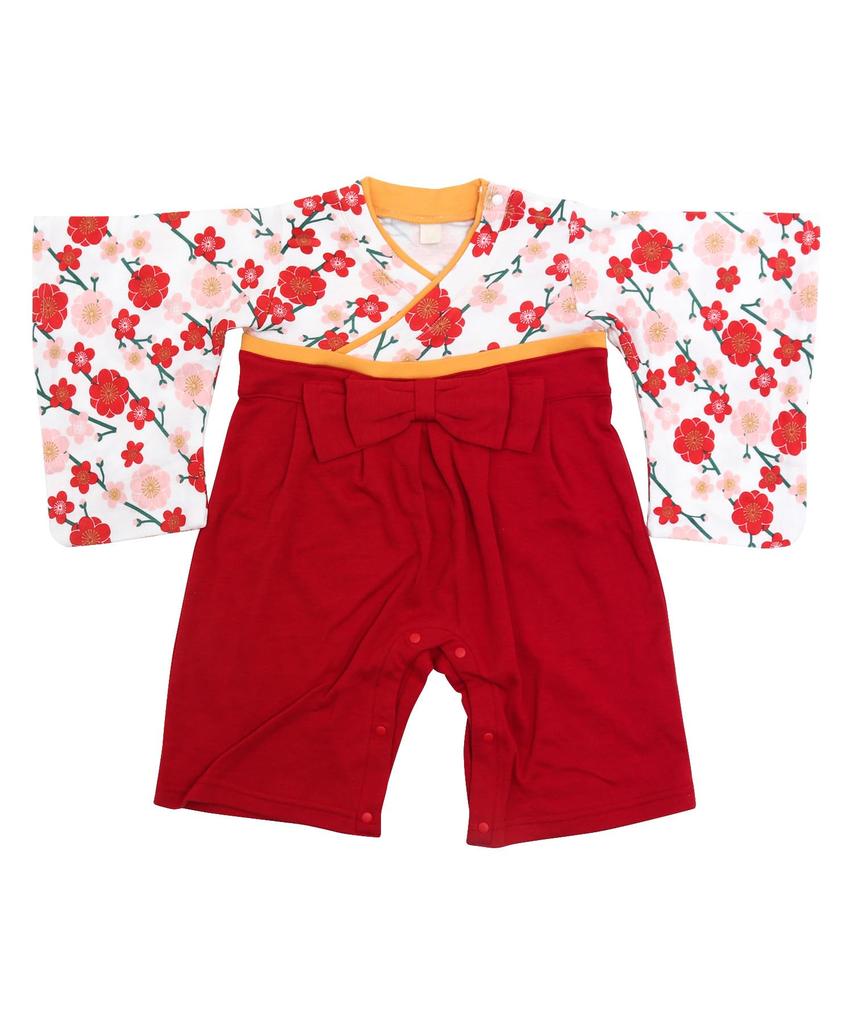 KYOETSU Hakama Romper for Girls, Baby Hakama Coverall Romper (Size 70, Plum Blossom, Off-White)