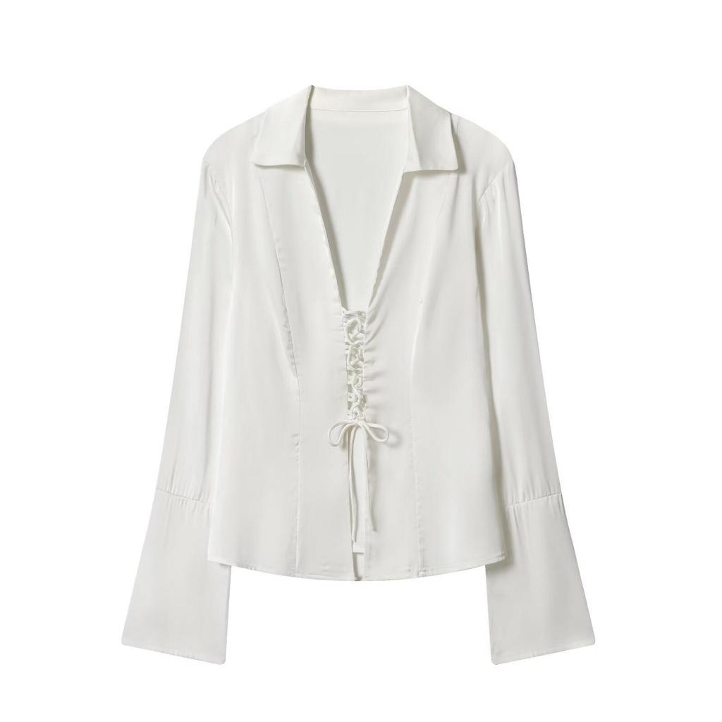 Kadınlar İçin Zarif Vintage Saten V Yaka Bağcıklı Uzun Kollu Üst