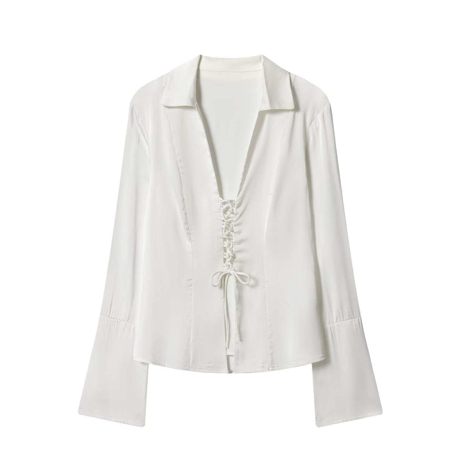 Женская осенняя приталенная атласная рубашка с завязками и расклешенными рукавами Small