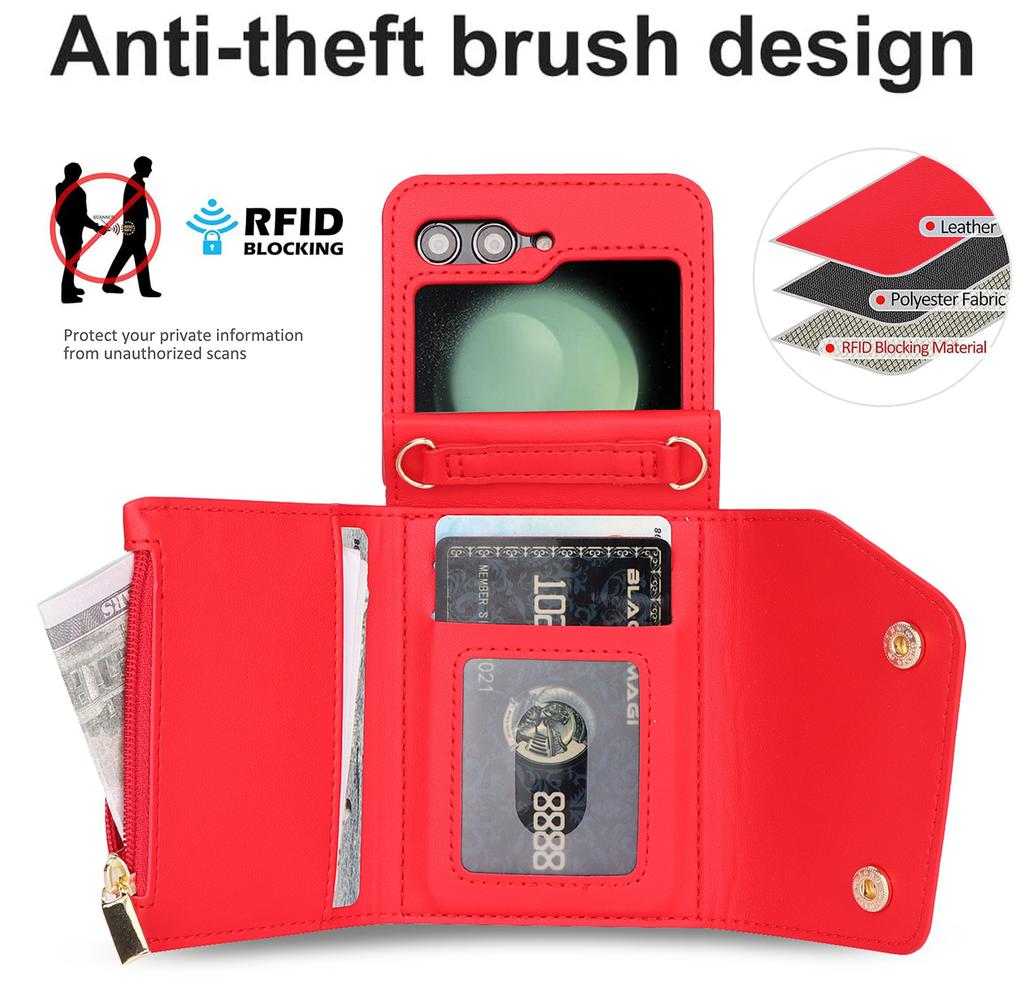 Applicable to Samsung Zflip5 double-buckle zipper messenger wallet case zflip4 niche multi-card all-inclusive anti-drop case in stock