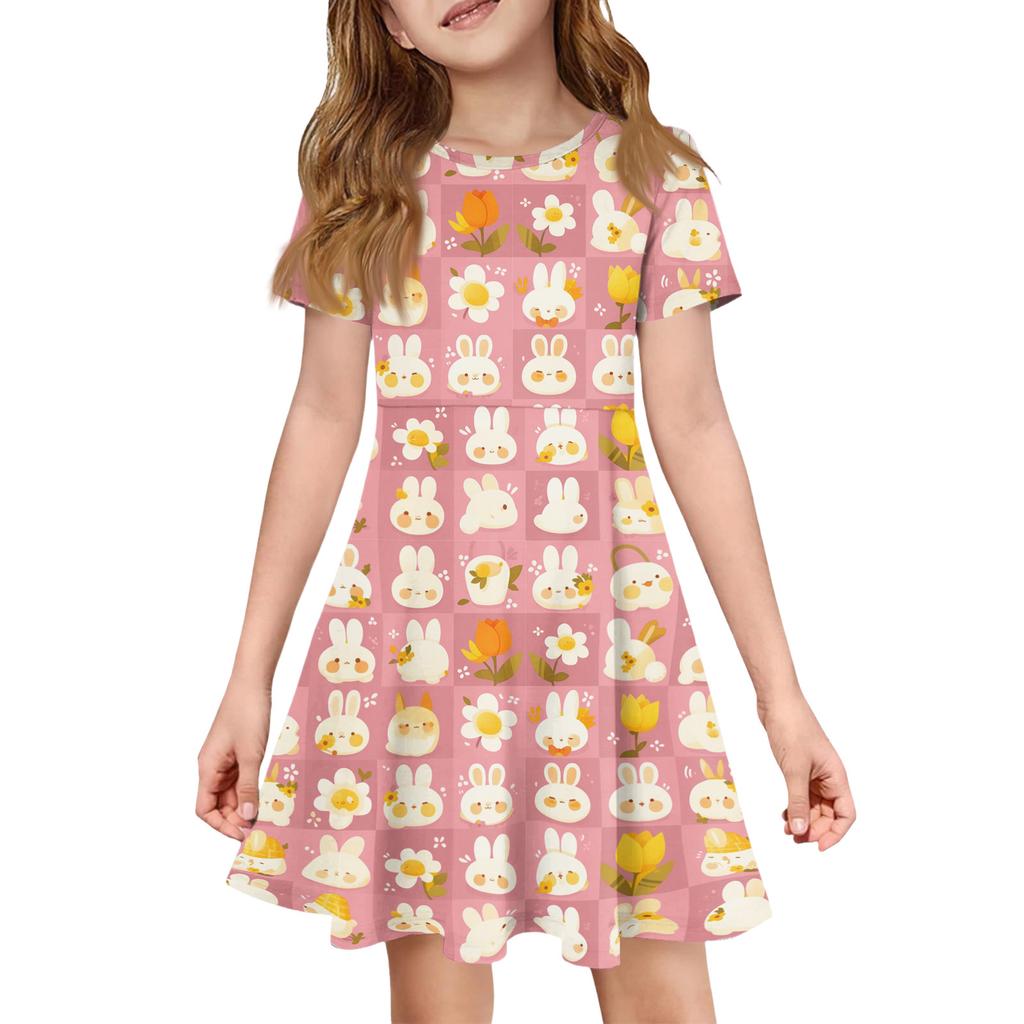 Girl Summer Dress Color & Print Short Sleeve Dress With Pocket Casual Dress Shorts Sleeve Party Dress Easter Day
