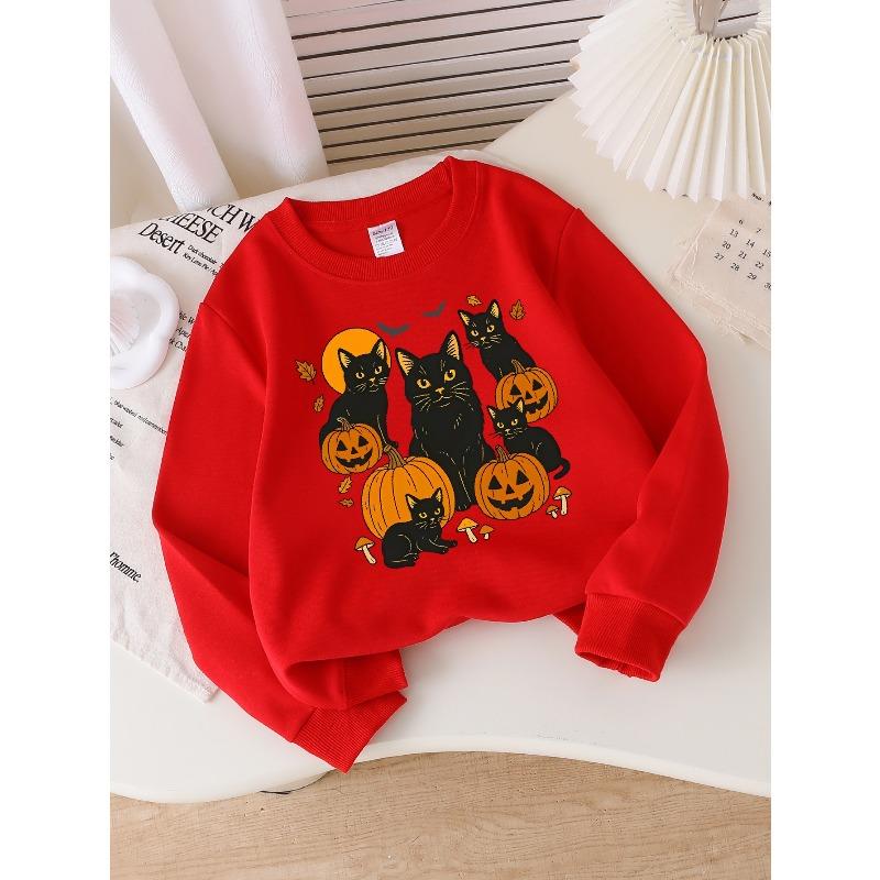 European sizes Girls' Long-Sleeve Crewneck Sweatshirt "Black Cats Pumpkins" Printed Top, Casual for Celebrations & Everyday Wear