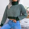Women's High Neck Long Sleeve Stripe Open Navel Sweater Autumn Winter Casual Knitted Top