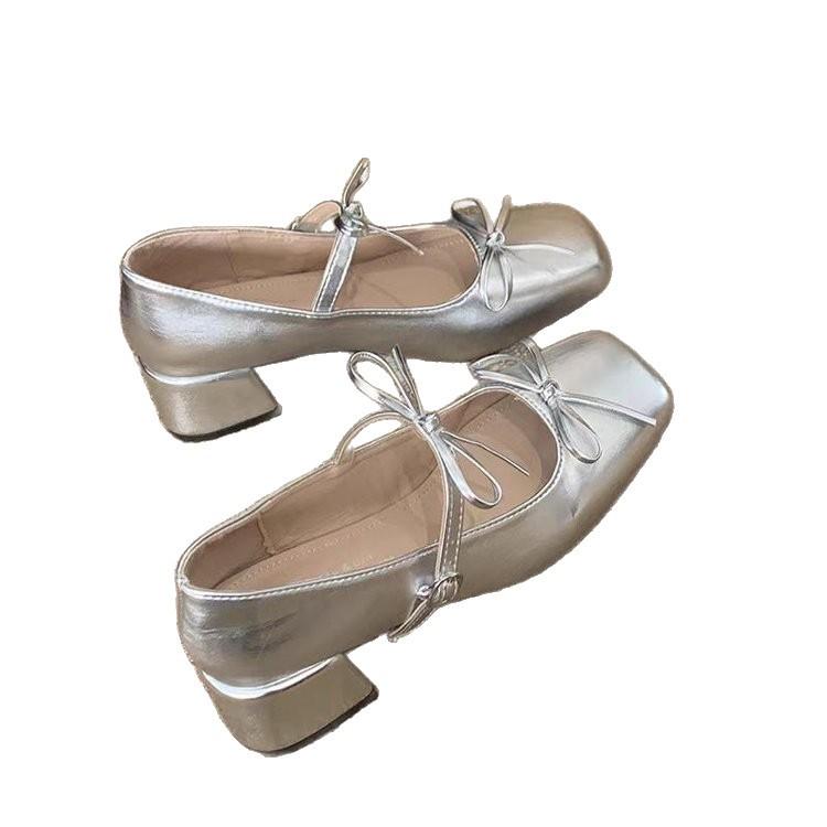French silver bow ballet women's shoes 2025 new square head thick heel Mary Jane shoes temperament fashion shoes